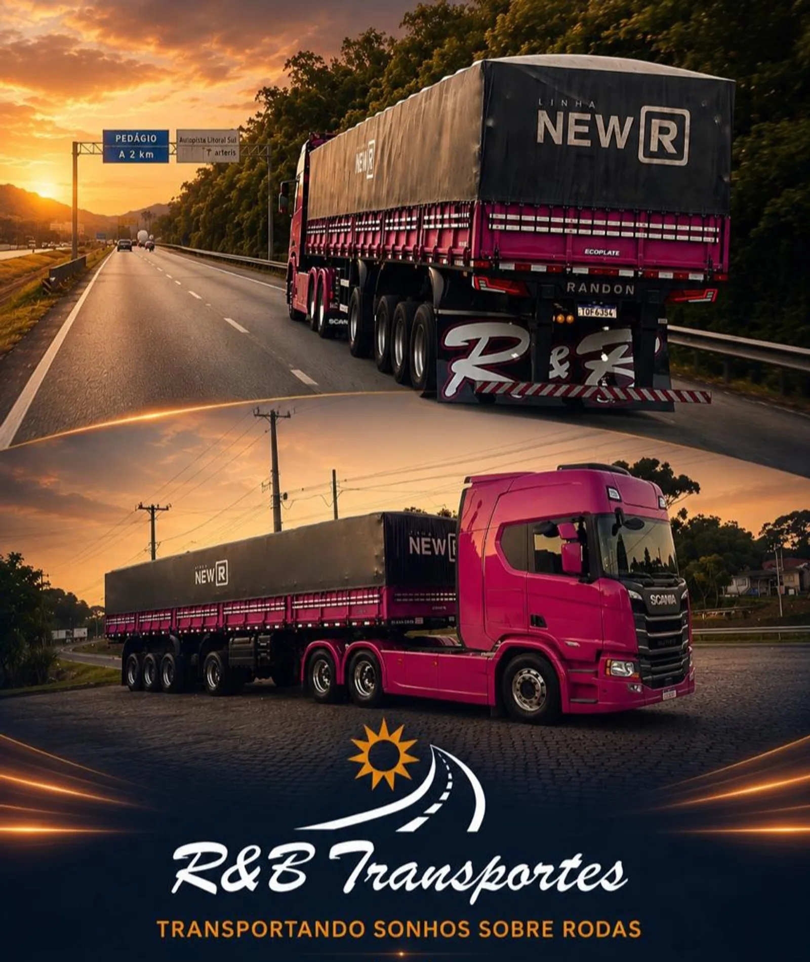 Conjunto com carreta graneleira da R&B Transportes em rodovia