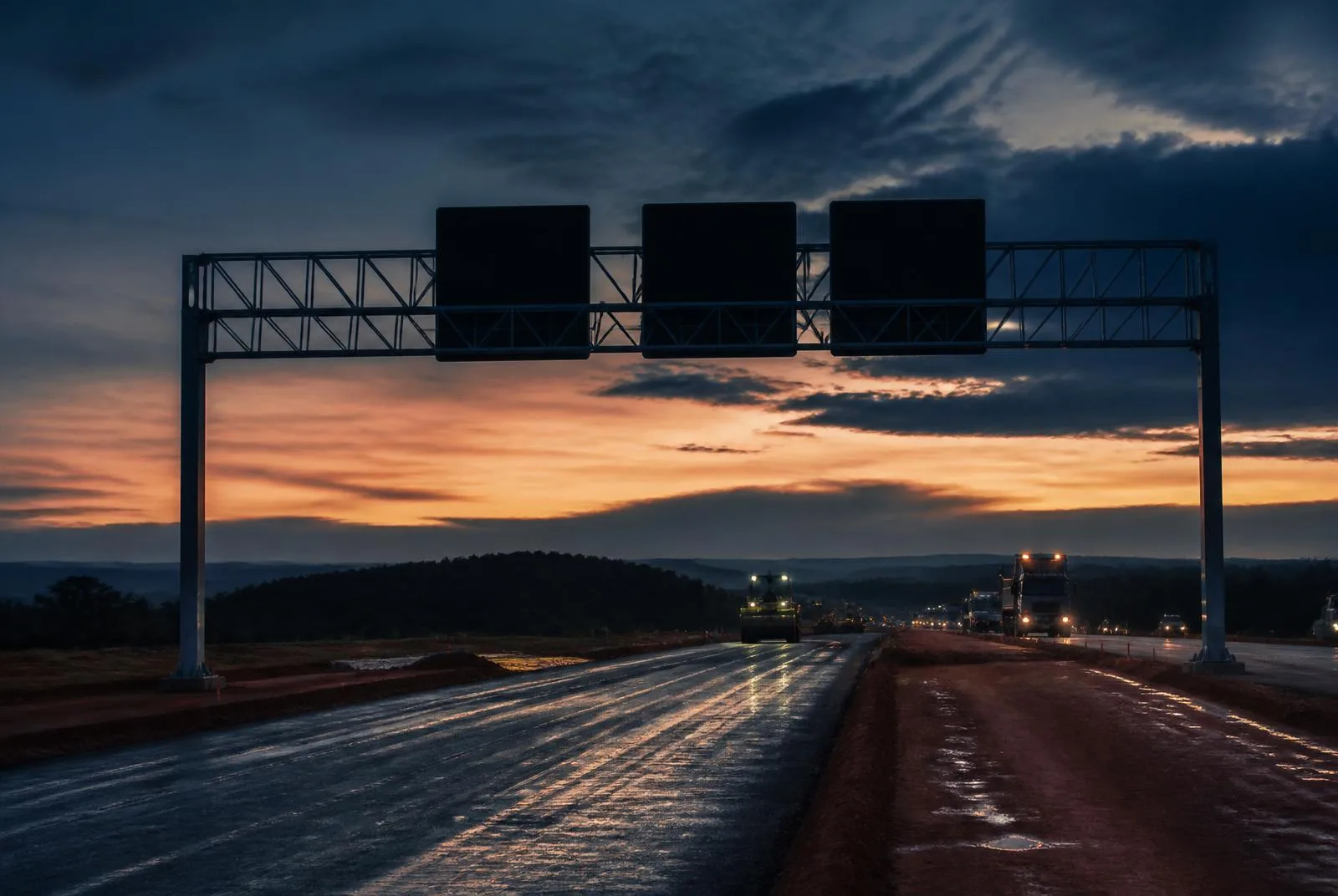 Imagem ilustrativa: obra de infraestrutura rodoviária com pórtico de sinalização
